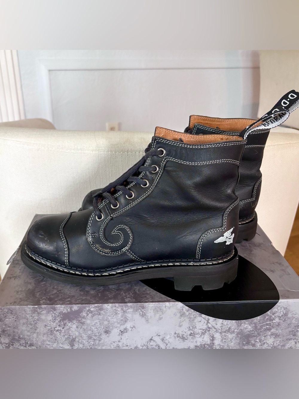 Vintage John Fluevog Derby Swirl Boots 7th Heaven Angel Sole W 8 M 6 Made Poland